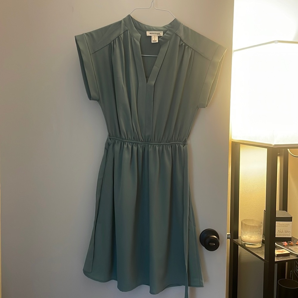 Sea foam green tie waist mini dress